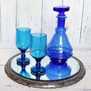 Blue Blown Glass Decanter with Stopper Retro Barware Liquor Bottle Carafe Gift